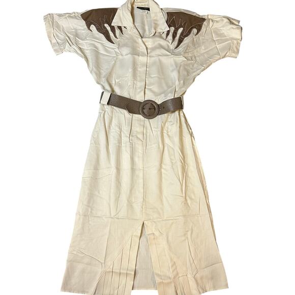 Vintage Dresses & Skirts - VNTG Positive Influence Cream/Brown Western Style Belted Short Sleeve Dress- S